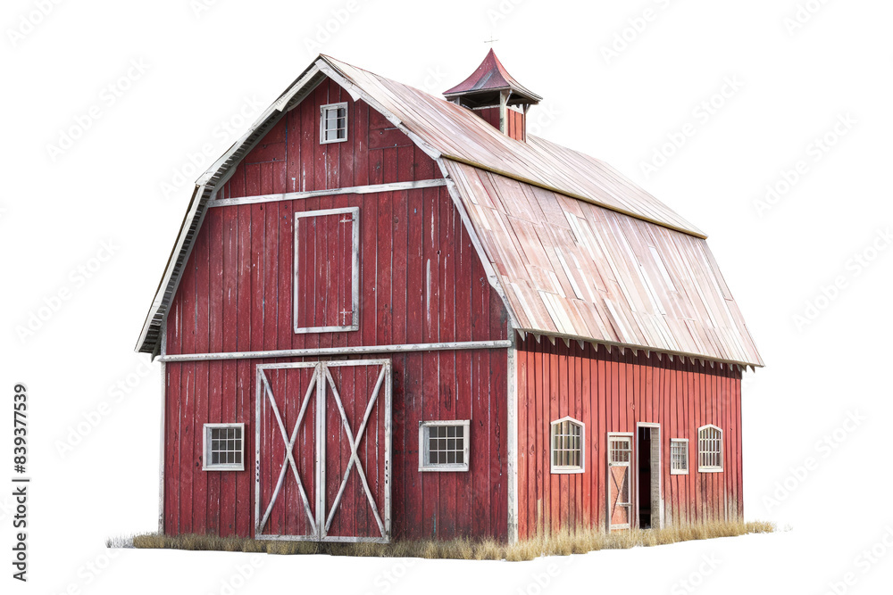 A red barn with a tin roof and a large door, 3d render, clipart, isolated on a transparent background. A red barn with a tin roof and a large door, 3d render, clipart, isolated on a transparent background.