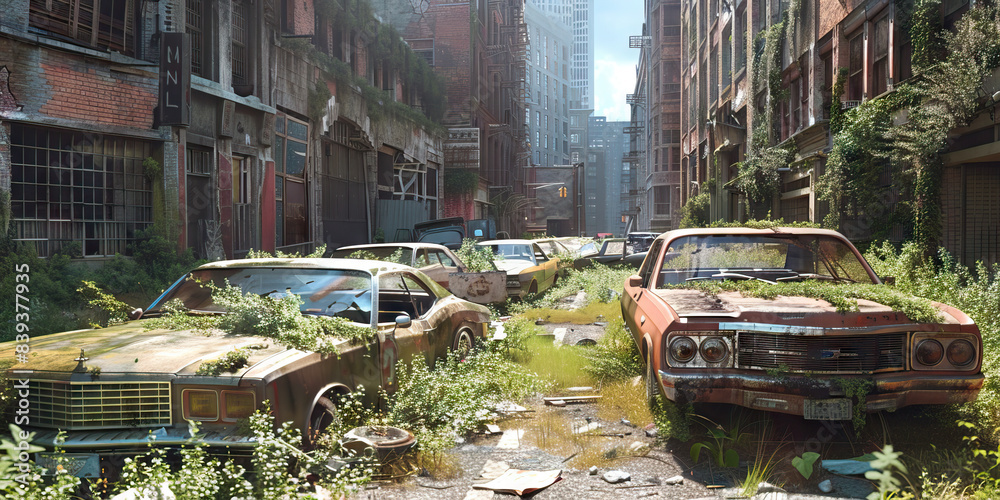 Naklejka premium Melancholic Cityscape of Wasted Potential: A desolate, overgrown cityscape, with abandoned buildings and dilapidated cars. 
