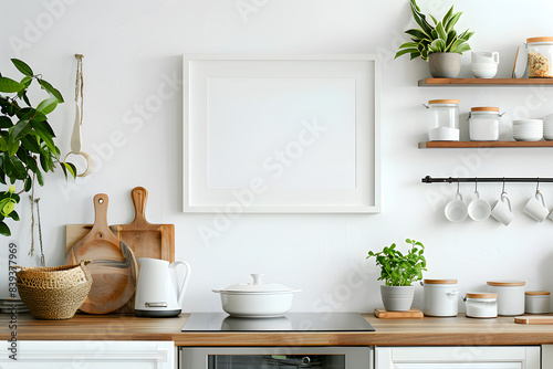 A clean  white frame on a minimalist kitchen counter  with modern appliances and a bright  organized space