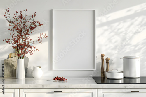 A clean, white frame on a minimalist kitchen counter, with modern appliances and a bright, organized space