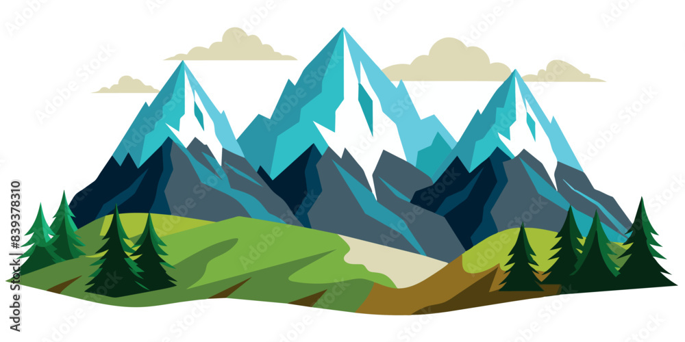 Fototapeta premium Mountains with green valleys and evergreen trees. Vector illustration
