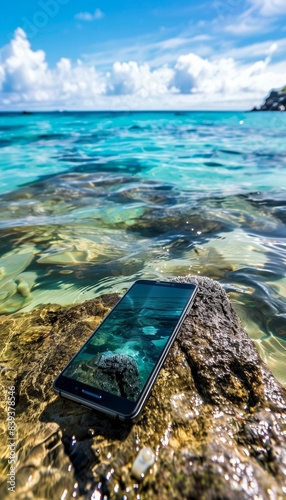 Modern Smartphone Showcasing Underwater Photography on a Rock by Crystal Clear Shore
