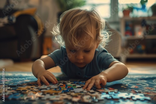 Tiny child using a puzzle for play. Generative Ai