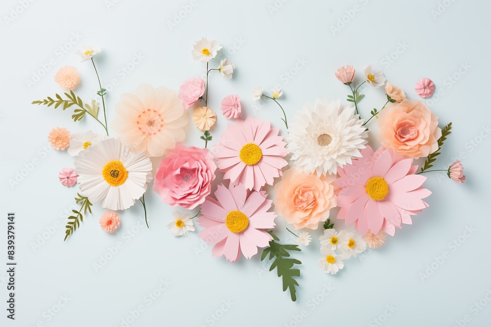 Flowers paper cut design. Beautiful spring paper cut flowers on soft color background. Valentine's Day, Birthday, Happy Woman Day, Mother's Day. Holiday poster and banner with flower papercut Flowers paper cut design. Beautiful spring paper cut flowers on soft color background. Valentine's Day, Birthday, Happy Woman Day, Mother's Day. Holiday poster and banner with flower papercut