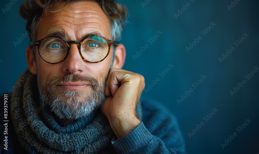 Middle-Aged Man with Glasses Exhibiting Doubt and Uncertainty, Expressive Portrait Against Blue Background