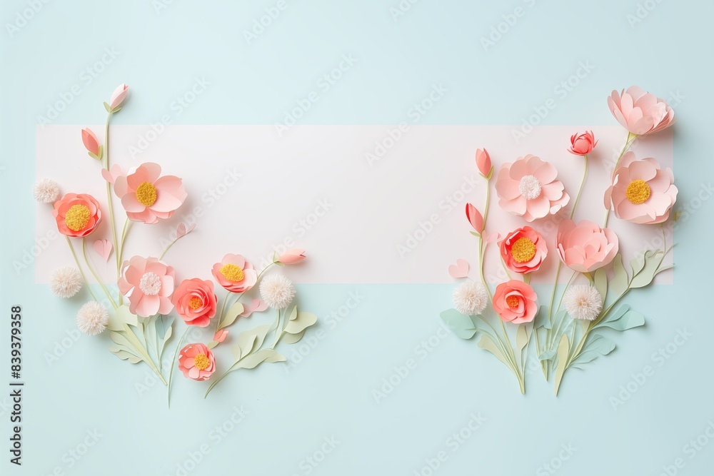 Naklejka premium Flowers paper cut design. Beautiful spring paper cut flowers on soft color background. Valentine's Day, Birthday, Happy Woman Day, Mother's Day. Holiday poster and banner with flower papercut