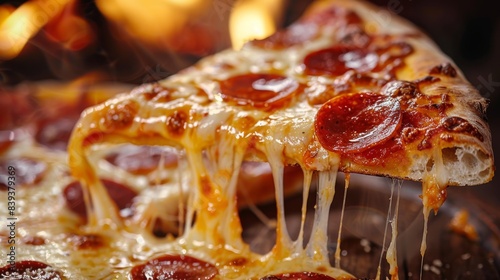 A slice of pepperoni pizza with melted cheese  taken from a close-up angle