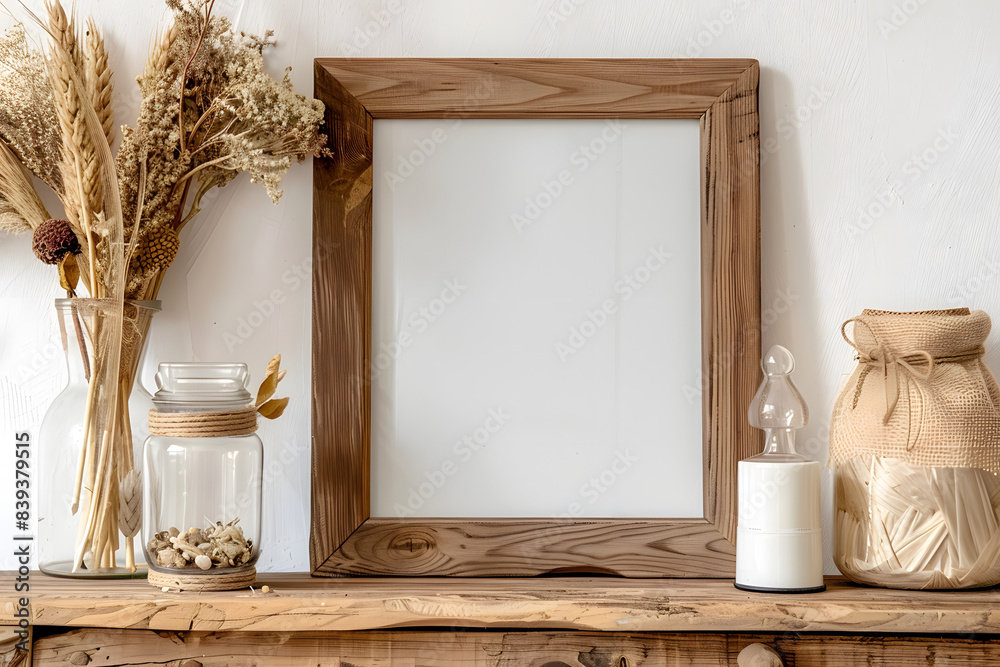 A rustic wooden frame leaning against a wall on a farmhouse-style console table, with warm, inviting decor in the background A rustic wooden frame leaning against a wall on a farmhouse-style console table, with warm, inviting decor in the background