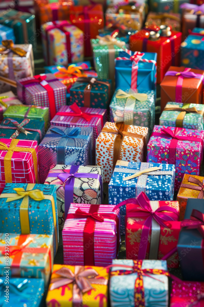 An abundant assortment of small gift boxes in different colors and patterns, tightly packed to fill the entire frame. The boxes are wrapped in vibrant papers and ribbons. An abundant assortment of small gift boxes in different colors and patterns, tightly packed to fill the entire frame. The boxes are wrapped in vibrant papers and ribbons.