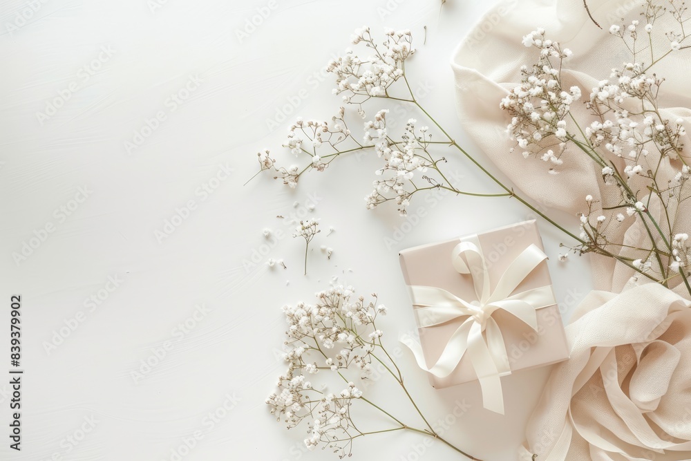 A small gift box wrapped in kraft paper and tied with white ribbon lies on the table, next to it is an elegant bouquet of gypsophila flowers. baby's breath flowers on a light background A small gift box wrapped in kraft paper and tied with white ribbon lies on the table, next to it is an elegant bouquet of gypsophila flowers. baby's breath flowers on a light background