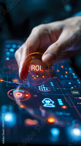 Business Analyst Evaluating Return on Investment (ROI) Metrics Using an Interactive Digital Interface with Financial Icons