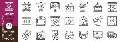 A set of line icons related to show, television. Entertainment, show, tv, reality, concert, virtual reality, magic, dance and so on. Vector outline icons set.