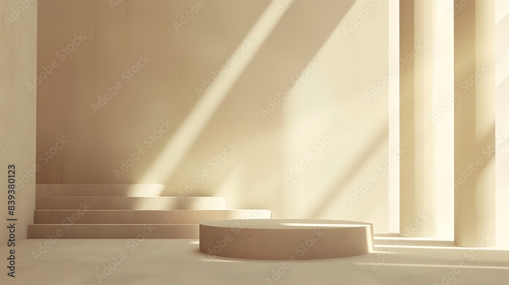 Fototapeta premium abstract, background, empty, modern, minimal, platform, product, geometric, pedestal, studio, scene, showcase, circle, display, stage, cylinder, space, design, floor, render, room, object, presentatio