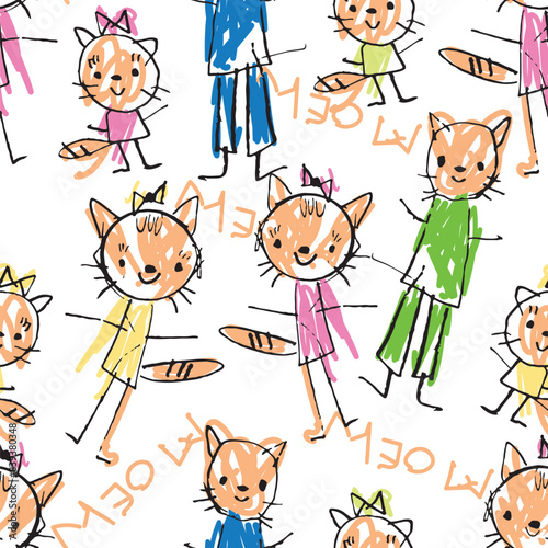 Cute childrens drawings seamless pattern vector illustration linear, flat