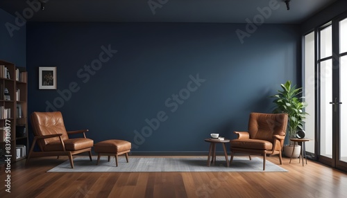 Modern living room interior with leather armchair on wood flooring and dark blue wall. 3D render
