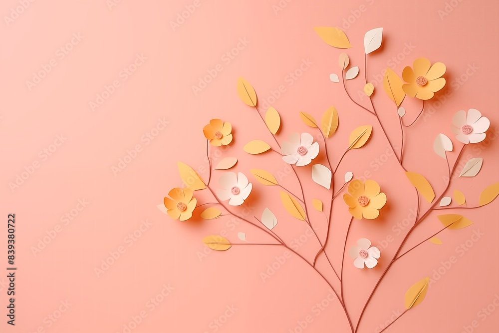 Flowers paper cut design. Beautiful spring paper cut flowers on soft color background. Valentine's Day, Birthday, Happy Woman Day, Mother's Day. Holiday poster and banner with flower papercut Flowers paper cut design. Beautiful spring paper cut flowers on soft color background. Valentine's Day, Birthday, Happy Woman Day, Mother's Day. Holiday poster and banner with flower papercut