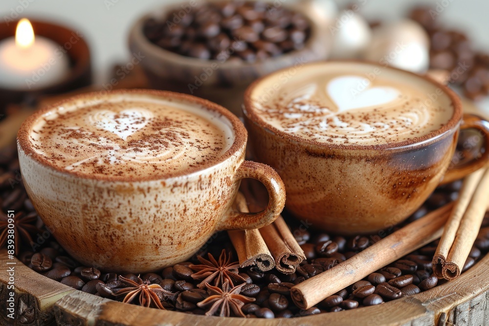 Two cups of cappuccino with heart-shaped latte art, placed on a rustic wooden tray surrounded by coffee beans, cinnamon sticks, and star anise - AI Generated Digital Art Two cups of cappuccino with heart-shaped latte art, placed on a rustic wooden tray surrounded by coffee beans, cinnamon sticks, and star anise - AI Generated Digital Art