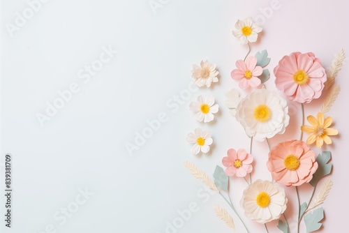 Flowers paper cut design. Beautiful spring paper cut flowers on soft color background. Valentine's Day, Birthday, Happy Woman Day, Mother's Day. Holiday poster and banner with flower papercut © megavectors