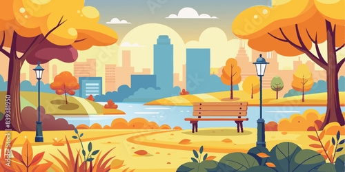 Park bench under autumn trees with city skyline. Vector illustration