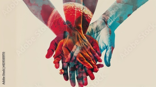 A person donating blood with a double exposure effect of diverse hands from around the world joining together