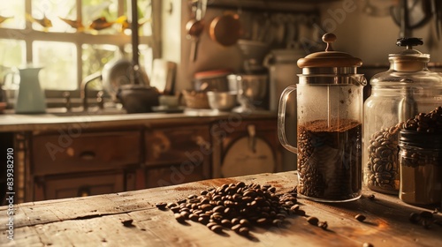 Capture the aroma of freshly ground coffee beans filling a rustic kitchen as someone prepares a French press. The scene is inviting and aromatic, promising a perfect start to the day