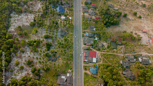 Aerial drone view of countryside settlements scenery at Pantai Jambu Bongkok, Marang, Terengganu, Malaysia photo