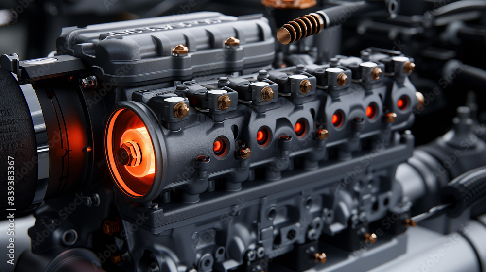 Fototapeta premium Precision Engineered Power. A close-up view of an intricate engine, showcasing its mechanical components with precision and advanced technology.