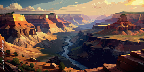Grand Canyon at sunset with dramatic cliffs and river. Vector illustration