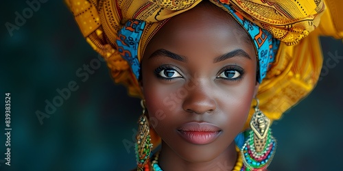 Portrait of young beautiful African woman wearing colorful ethnic turban and jewelry on dark green bakcground with copy space.