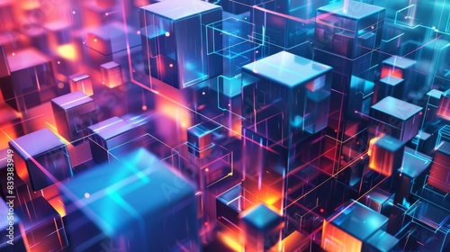 A futuristic array of glowing neon cubes in a digital, abstract composition with vibrant blues and oranges.