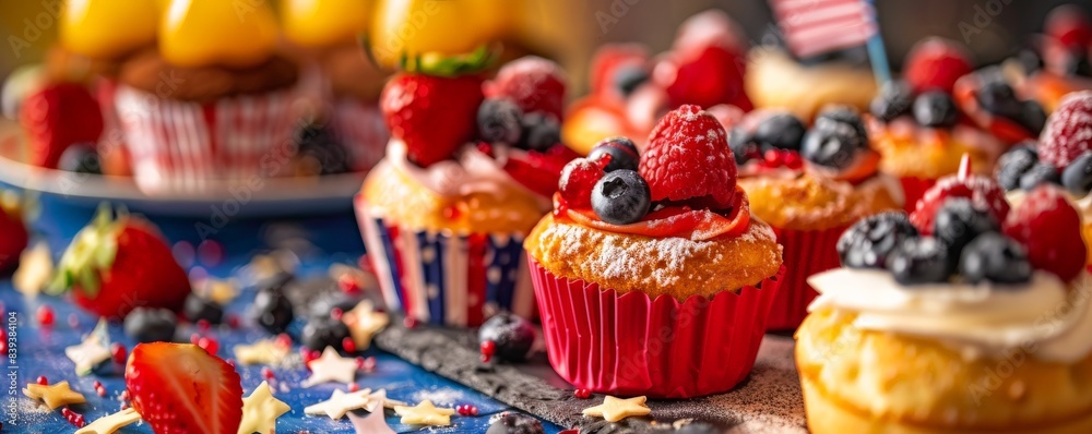 Close up on American flag-themed desserts, focus on culinary creativity, festive treats 