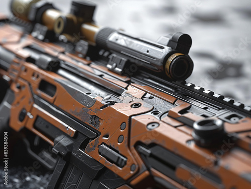 A detailed close-up of a modern military assault rifle, cinematic style, CryEngine Rendering, Compositing Core, Unreal Engine, 8k, detailed, Octane render photo