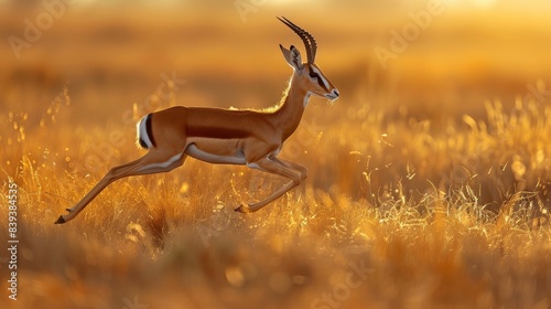 A Thomsons gazelle runs through tall grass at sunset © FMSTUDIO