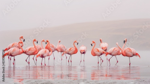 A group of pink flamingos stand in shallow water on a misty morning © FMSTUDIO