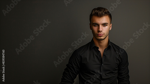 portrait of a handsome young man in black shirt standing against the wall in studio