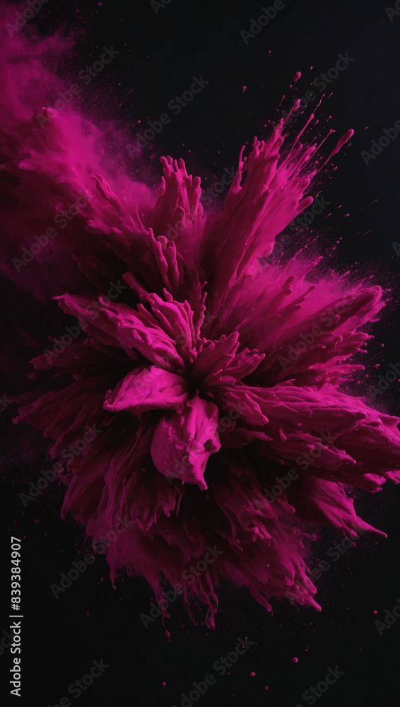 Magenta holi color burst against a deep black backdrop. Magenta holi color burst against a deep black backdrop.