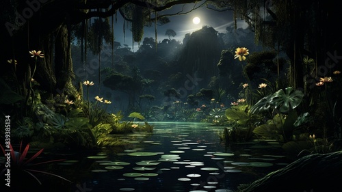 "Enchanting Nocturnal Realm: Tranquil Jungle Transformed into Magical Nighttime Haven with Dazzling Flora and Fauna"