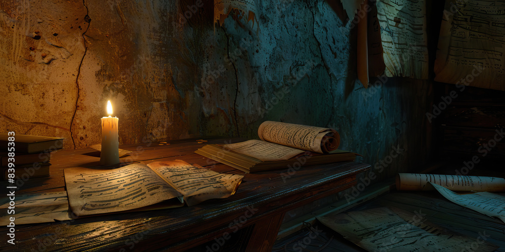 The Midnight Maze: A dimly lit study, with a single flickering candle on a desk, ancient scrolls scattered about. The Midnight Maze: A dimly lit study, with a single flickering candle on a desk, ancient scrolls scattered about.