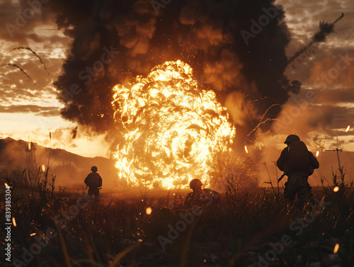 A dramatic explosion on a battlefield with soldiers taking cover, cinematic style, CryEngine Rendering, Compositing Core, Unreal Engine, 8k, detailed, Octane render photo