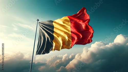 Fotografie Belgian Flag Waving Proudly Against a Majestic Sky