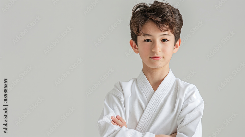 Portrait of confident asian boy in martial arts uniform on white background Portrait of confident asian boy in martial arts uniform on white background
