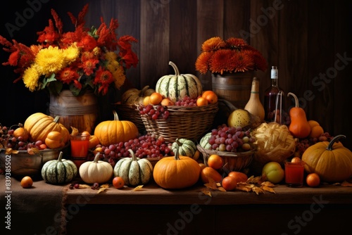 Traditional Thanksgiving celebration table harvest. Wood autumn. Generate Ai
