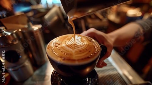 Wallpaper Mural Picture a barista expertly crafting a latte, pouring steamed milk into rich espresso to create a beautiful, intricate latte art design on top. The coffee shop buzzes with activity. Torontodigital.ca
