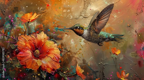 A hummingbird flies over colorful flowers