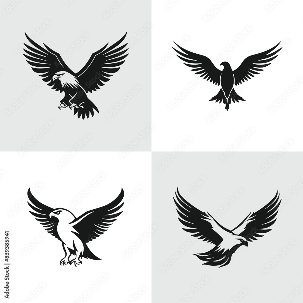Fototapeta premium Set of flying eagle silhouettes. Suitable for logo, emblem, pattern, typography etc. Isolated on white background. Vector illustration