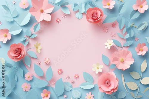 Flowers paper cut design. Beautiful spring paper cut flowers on soft color background. Valentine's Day, Birthday, Happy Woman Day, Mother's Day. Holiday poster and banner with flower papercut