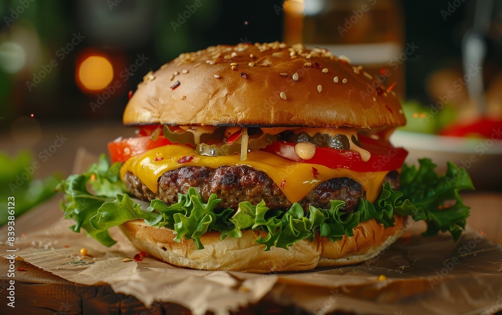 A close-up shot of a delicious cheeseburger