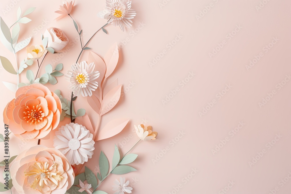 Flowers paper cut design. Beautiful spring paper cut flowers on soft color background. Valentine's Day, Birthday, Happy Woman Day, Mother's Day. Holiday poster and banner with flower papercut Flowers paper cut design. Beautiful spring paper cut flowers on soft color background. Valentine's Day, Birthday, Happy Woman Day, Mother's Day. Holiday poster and banner with flower papercut