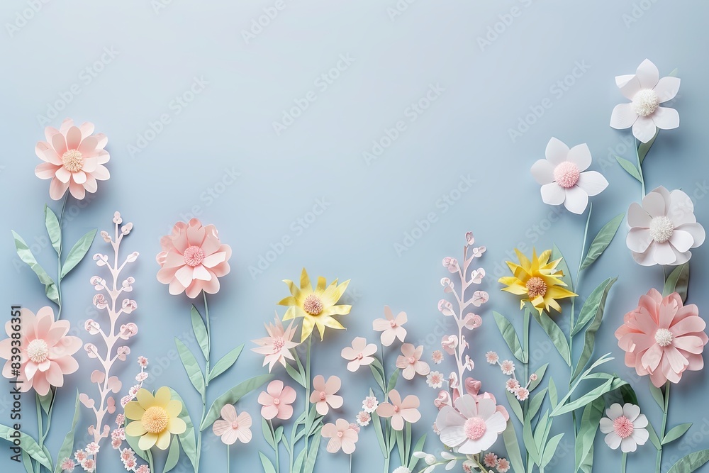 Flowers paper cut design. Beautiful spring paper cut flowers on soft color background. Valentine's Day, Birthday, Happy Woman Day, Mother's Day. Holiday poster and banner with flower papercut Flowers paper cut design. Beautiful spring paper cut flowers on soft color background. Valentine's Day, Birthday, Happy Woman Day, Mother's Day. Holiday poster and banner with flower papercut