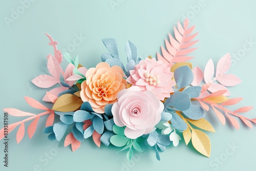 Wallpaper Mural Flowers paper cut design. Beautiful spring paper cut flowers on soft color background. Valentine's Day, Birthday, Happy Woman Day, Mother's Day. Holiday poster and banner with flower papercut Torontodigital.ca